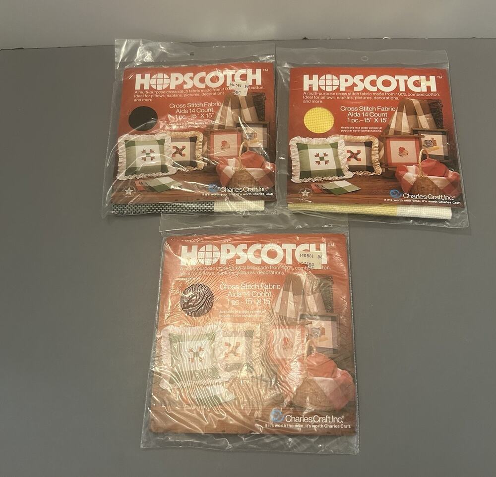 Lot of 3 Hopscotch Cross Stitch Fabric Green, Yellow, Red NOS Charles Craft VTG